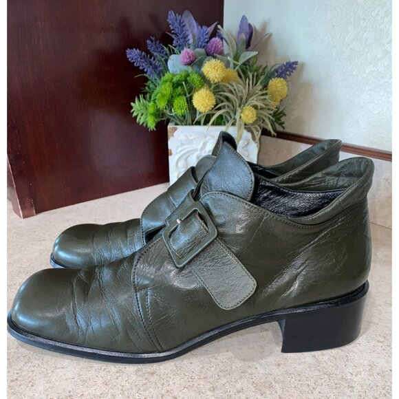 Sesto Senso Vintage Italian Leather Monk Strap Shoes Olive Green Block Heel EU 4 - Picture 2 of 7